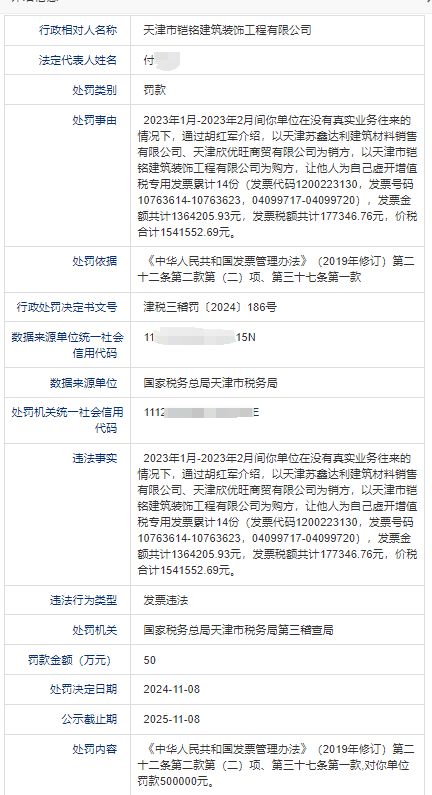 天津市铠铭建筑装饰工程有限公司违反发票管理处罚500000元!(图1)